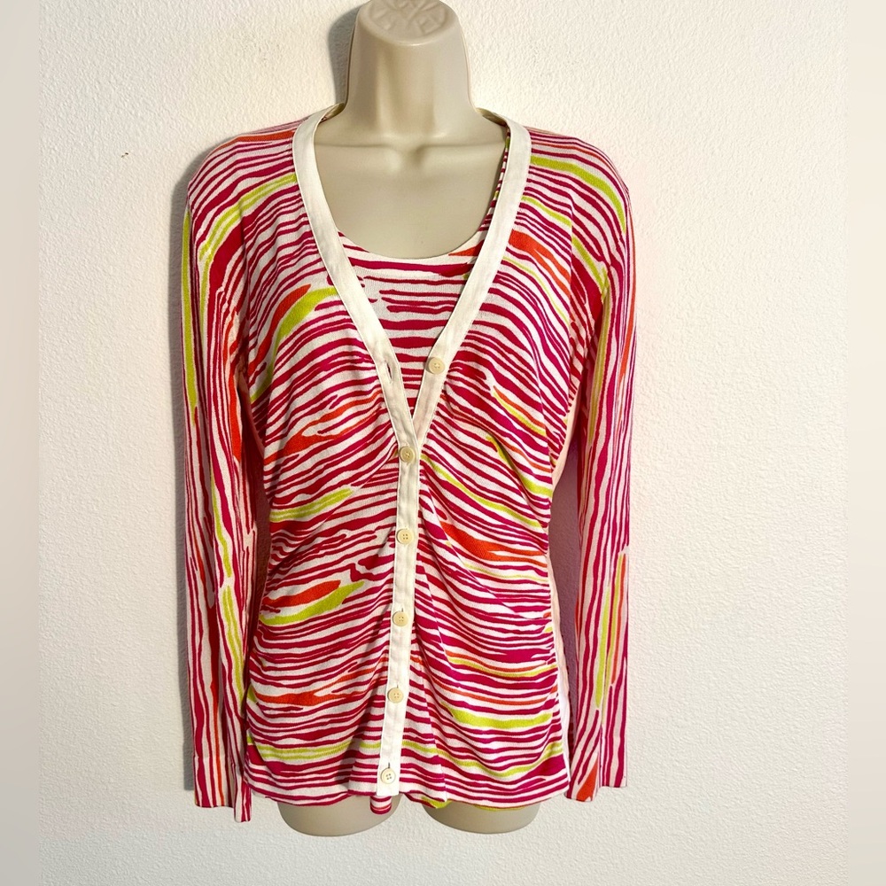 Lafayette 148 Sweater Set Pink Zebra Stripe Sz M Cardigan‎ Tank Top Button Up